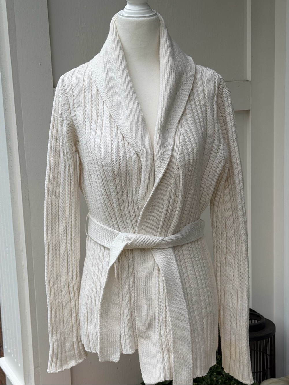 Calvin Klein Cream Ribbed Shawl-Collar Belted Cardigan